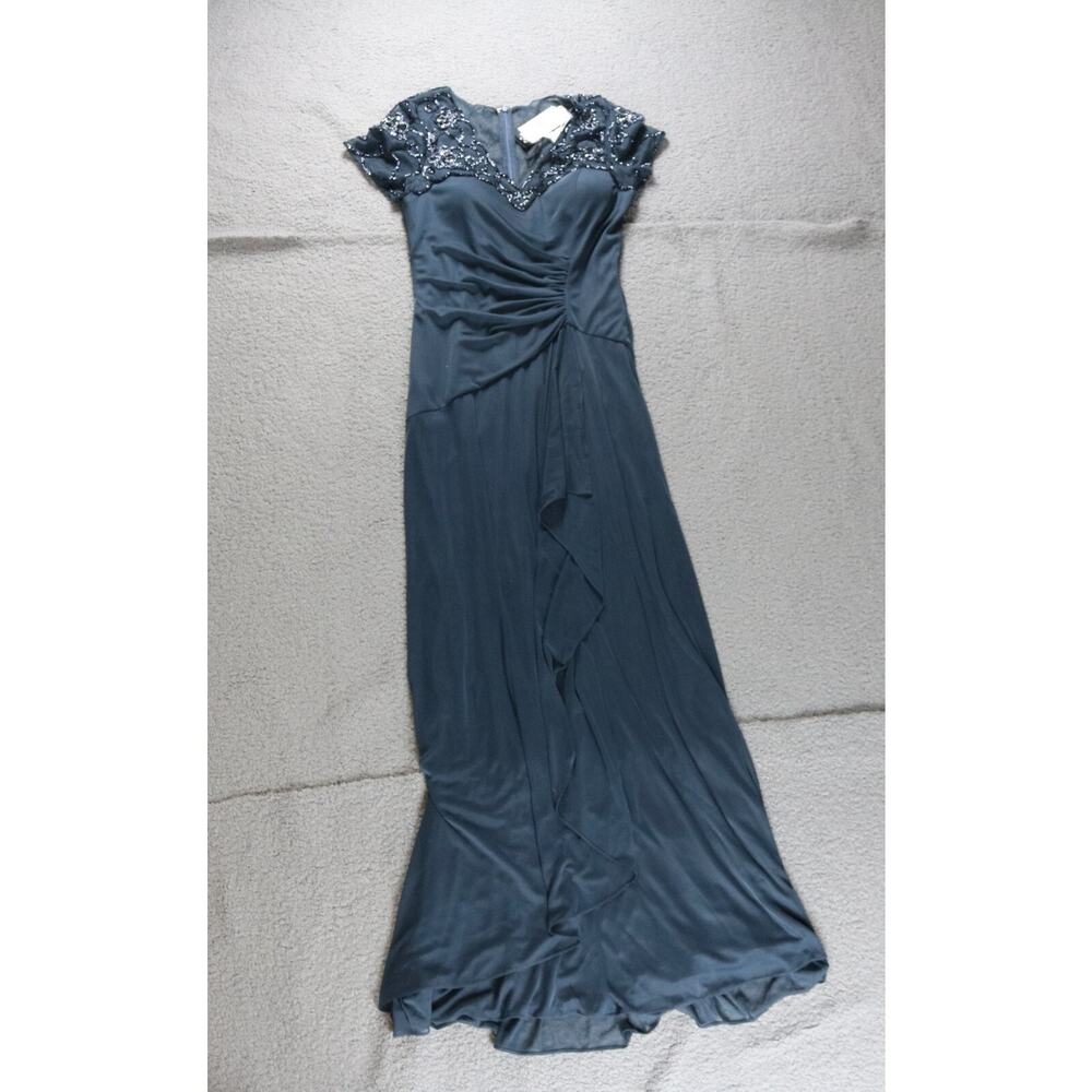 New Xscape Gown 8 Charcoal Beaded Short Sleeve Ruched Maxi